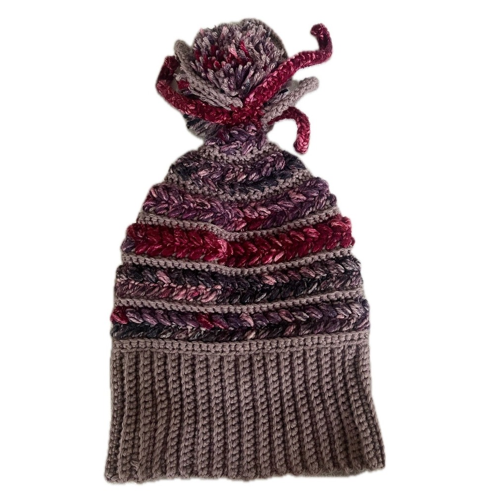 Handmade Crochet Beanie Pom Pom Striped Purple Burgundy Winter Hat Lodge Women